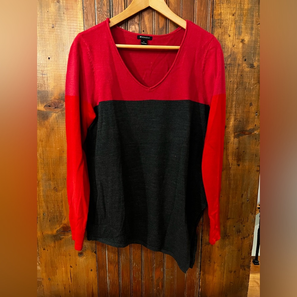 I ❤️ Ronson Asymmetrical Sweater in Red, Hot Pink and Dark Heathered Gray Size L